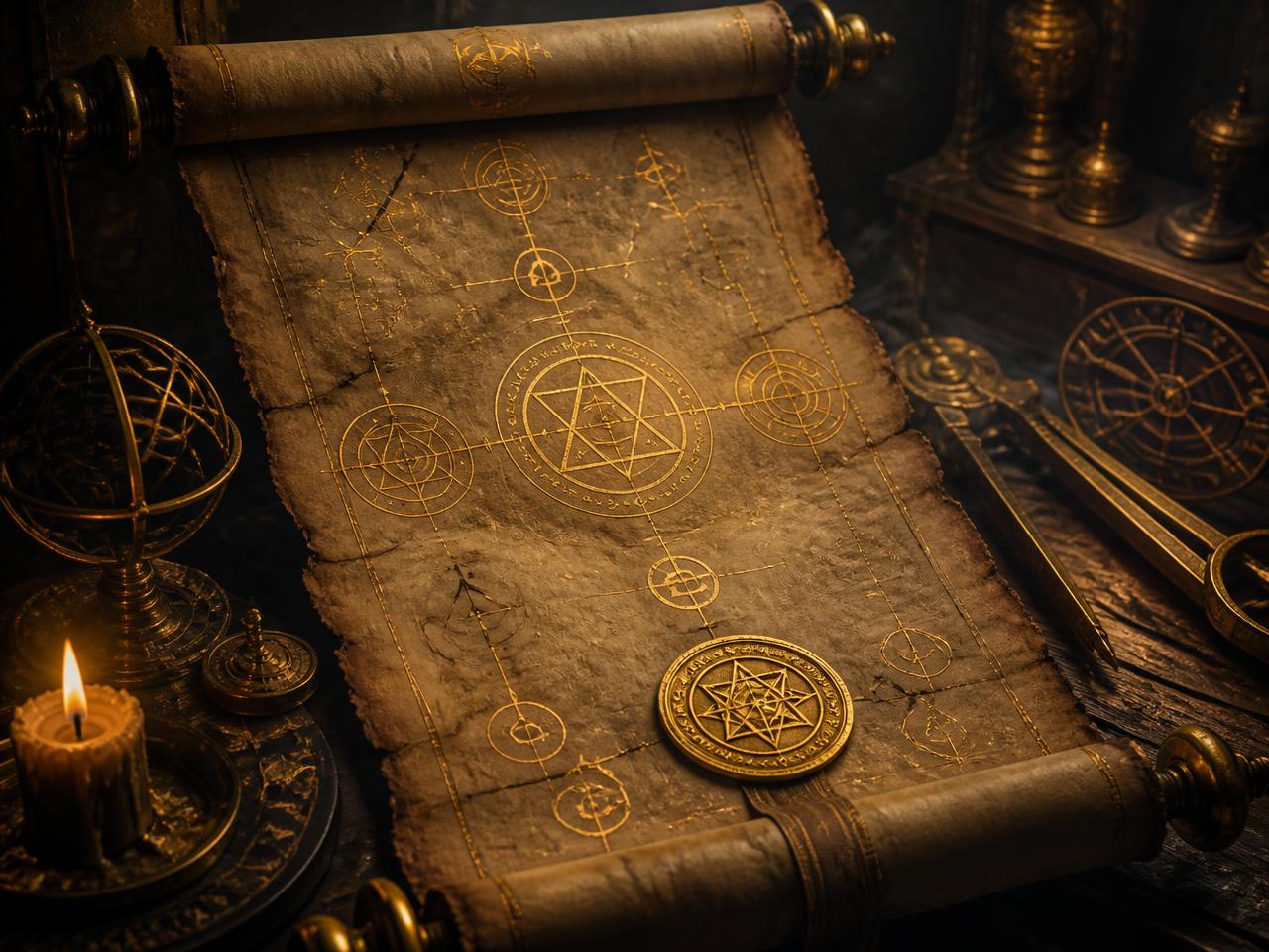 Pergaminho antigo com símbolos alquímicos e selo dourado sobre mesa iluminada por vela