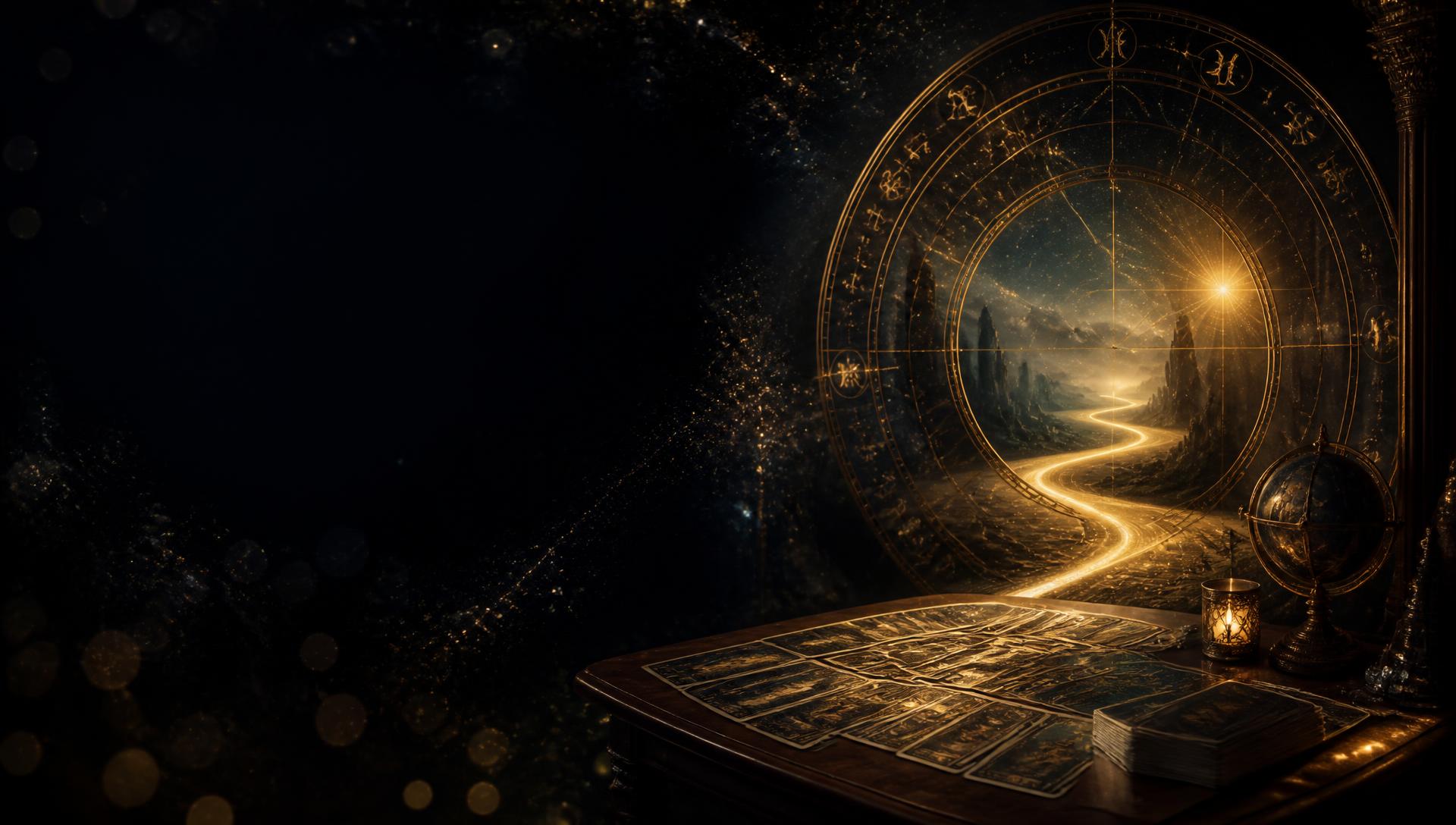 Cartas de Tarot sobre mesa antiga diante de um mapa celeste dourado com um caminho de luz atravessando a paisagem cósmica