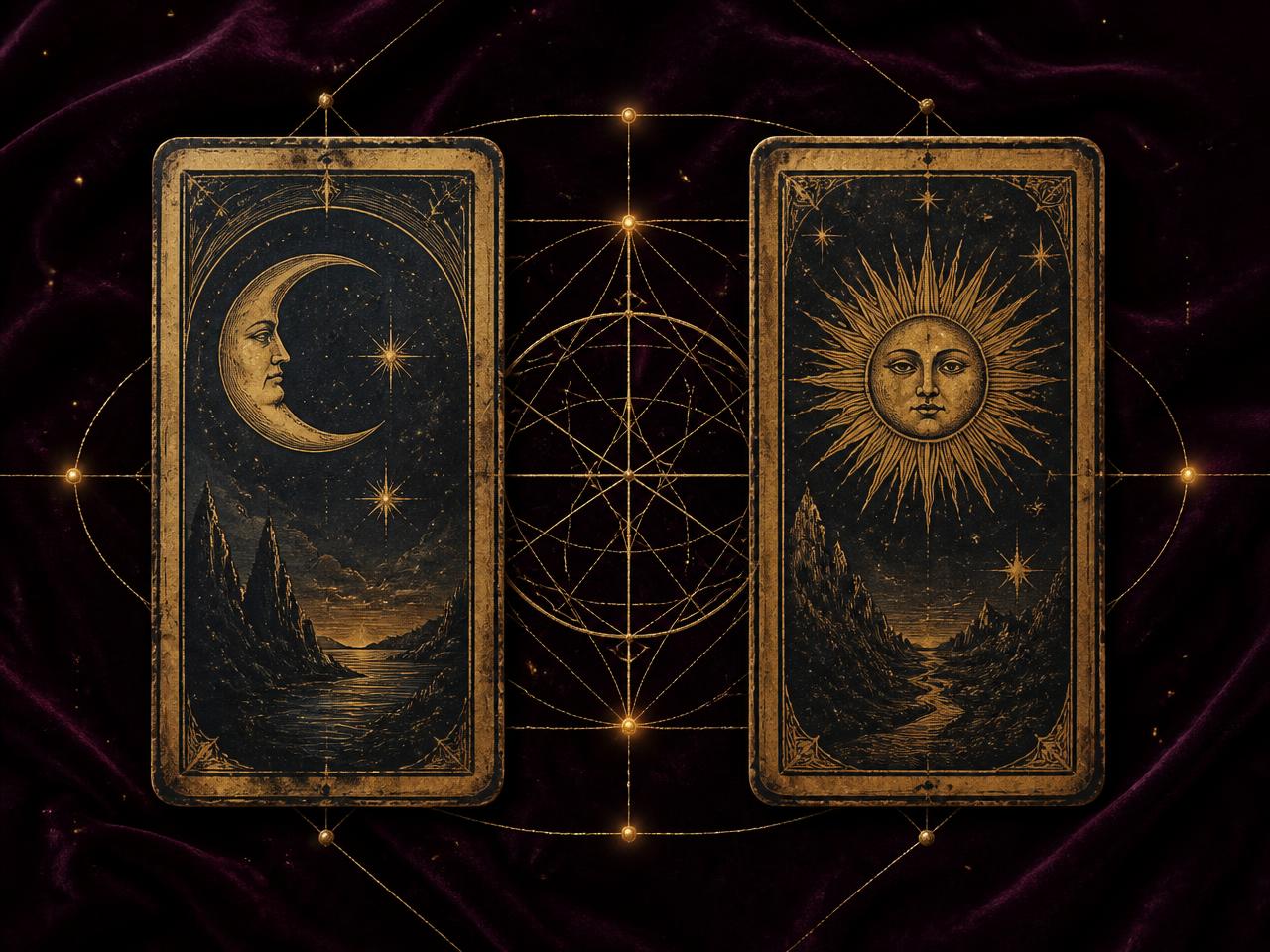 Duas cartas de Tarot douradas ligadas por linhas de geometria sagrada sobre veludo vinho